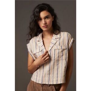 Anthropologie Cropped Short Sleeve Utility Pullover Striped Cotton Blend Medium